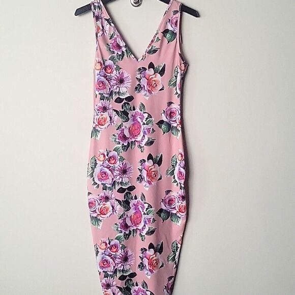 NWT Zara BodyCon Dress Pink Roses Floral Midi Sexy Fitted S Short Sleeve V Neck - Picture 6 of 8